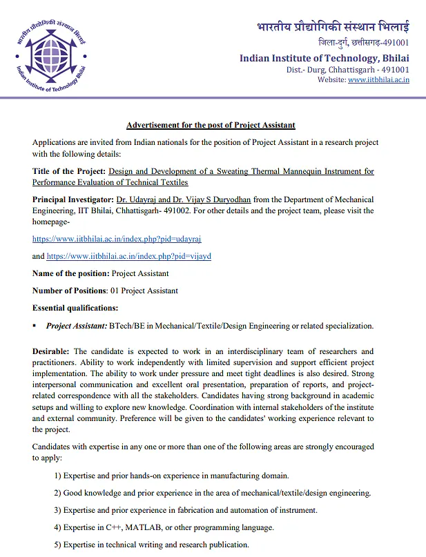 Project Assistant Recruitment 2026 at IIT Bhilai