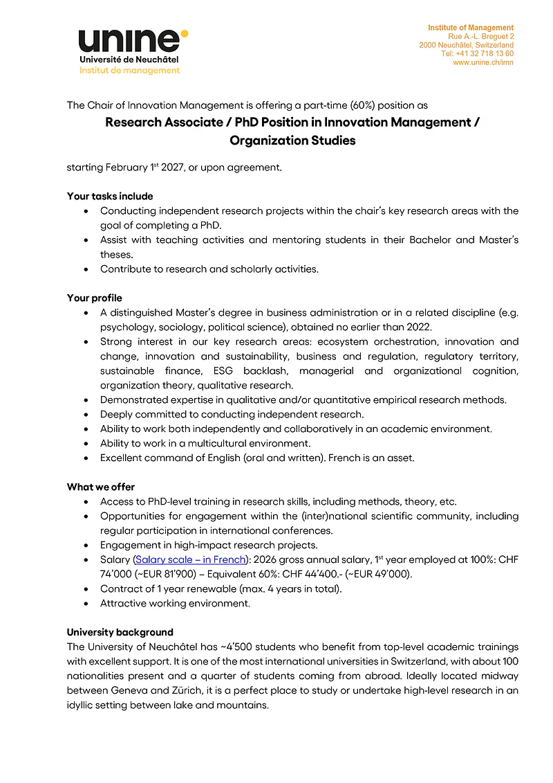 University of Neuchâtel | PhD Position & Research Associate in Innovation Management / Organization Studies