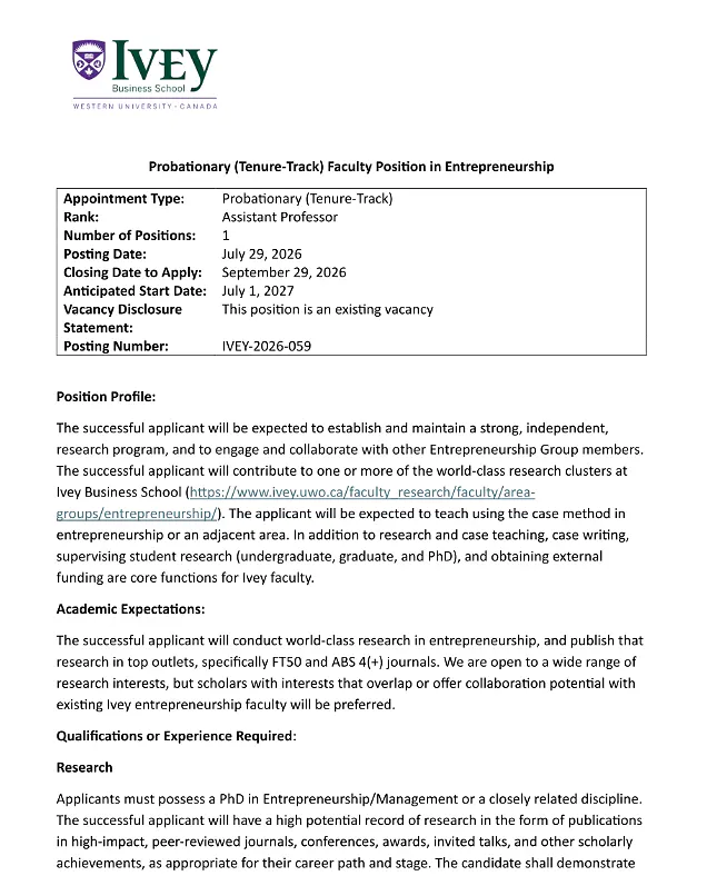 Ivey Business School Assistant Professor Recruitment 2026