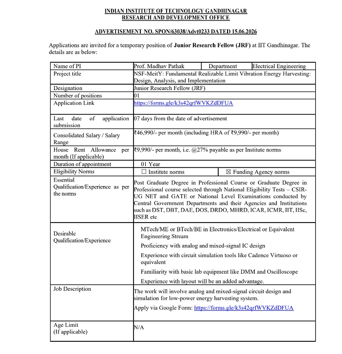 IIT Gandhinagar Recruitment 2026: Junior Research Fellow (JRF) Position in Electrical Engineering