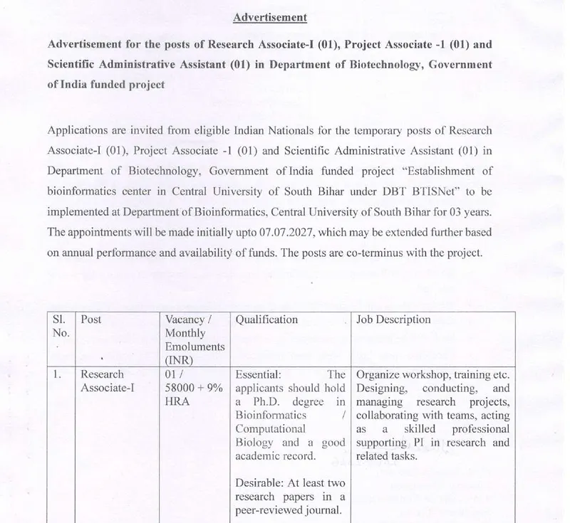 Research Associate-I, Project Associate-I & Scientific Administrative Assistant Recruitment 2026 at Central University of South Bihar – DBT-Funded Project