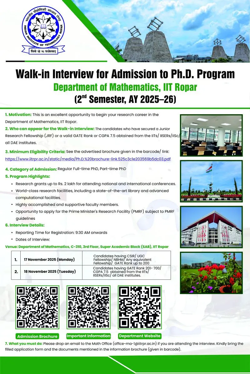 Walk-in Interview for Ph.D. Admission – Department of Mathematics, IIT Ropar (2nd Semester, AY 2025–26)