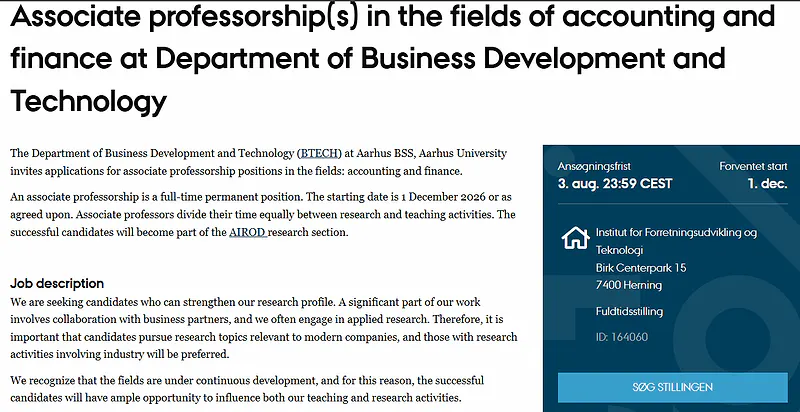 Aarhus University Invites Applications for Associate Professor Positions in Accounting & Finance