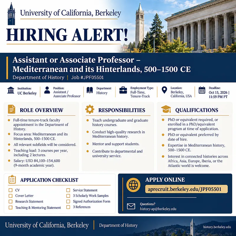 Assistant or Associate Professor – Mediterranean and its Hinterlands, 500–1500 CE – University of California, Berkeley