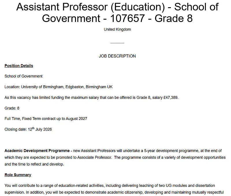 University of Birmingham Recruitment 2026: Assistant Professor (Education) – School of Government