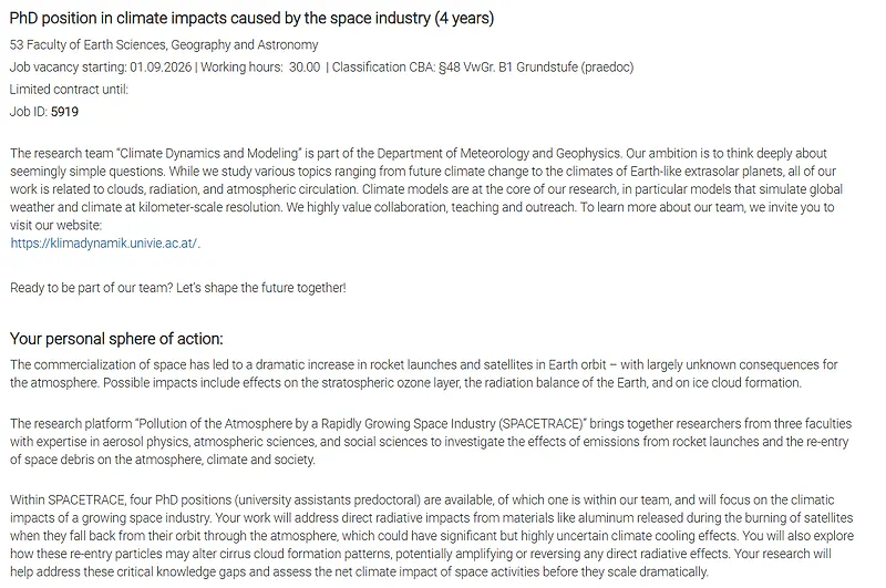 University of Vienna PhD Position in Climate Impacts of the Space Industry