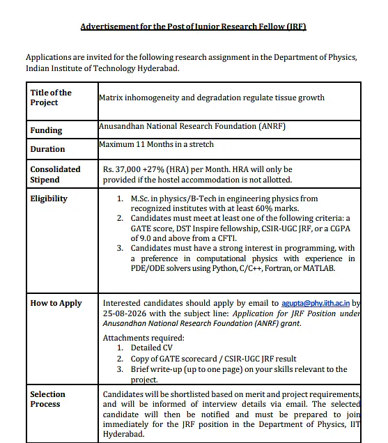 IIT Hyderabad Junior Research Fellow Recruitment 2026