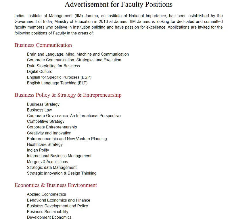 Indian Institute of Management Jammu Recruitment 2026  - Faculty Positions – Multiple Areas