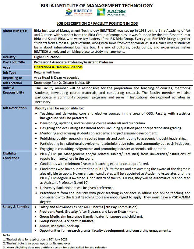 BIMTECH Invites Applications for Faculty Positions in Operations & Decision Sciences