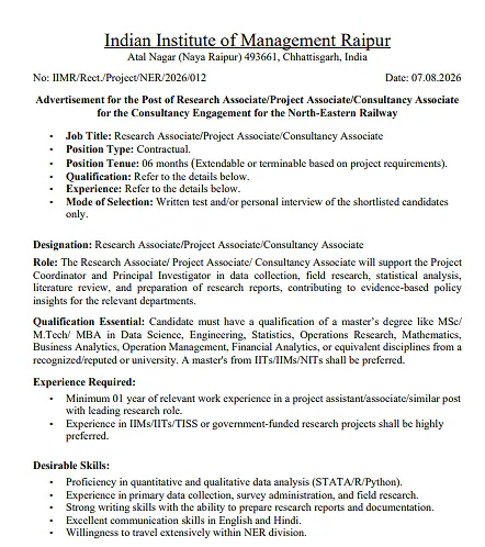 IIM Raipur Recruitment 2026: Research Associate / Project Associate / Consultancy Associate