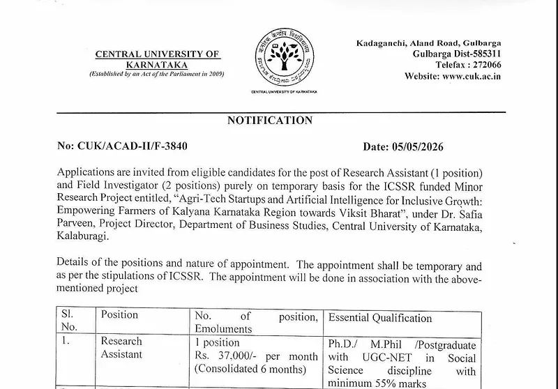 Research Positions 2026 | Central University of Karnataka (ICSSR Funded Project)