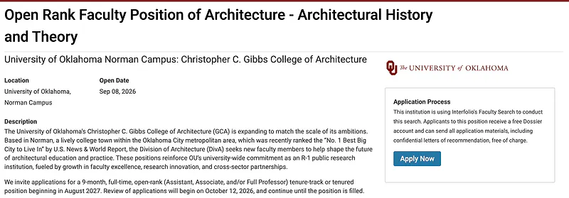 Open Rank Faculty Position of Architecture - Architectural History and Theory – University of Oklahoma