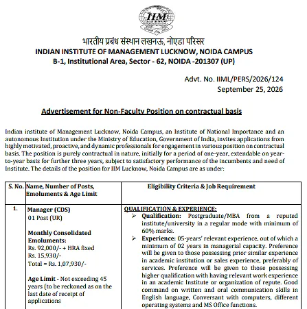 Manager (CDS) Recruitment 2026 at IIM Lucknow – Noida Campus