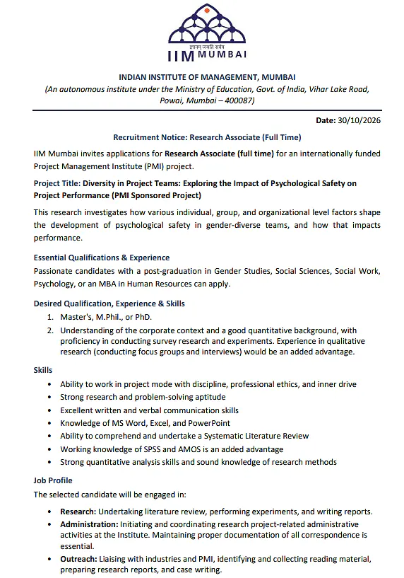 IIM Mumbai Research Associate Recruitment 2026 – Full-Time Position in PMI-Funded Research Project