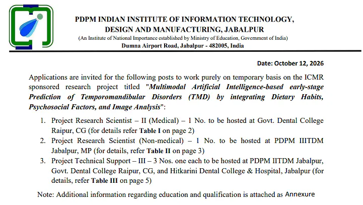 Research Scientist and Project Technical Support Recruitment 2026 at IIITDM Jabalpur 