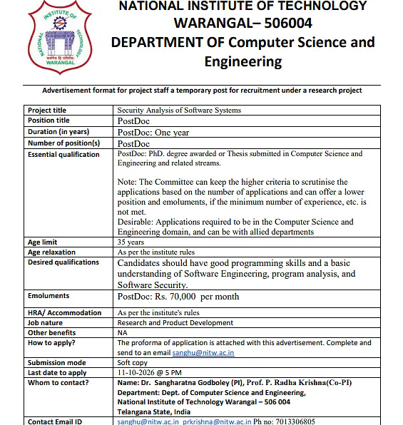 Postdoctoral Researcher Recruitment 2026 at NIT Warangal – Software Security Research Project
