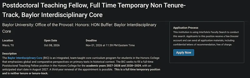 Postdoctoral Teaching Fellowship – Baylor Interdisciplinary Core, Baylor University