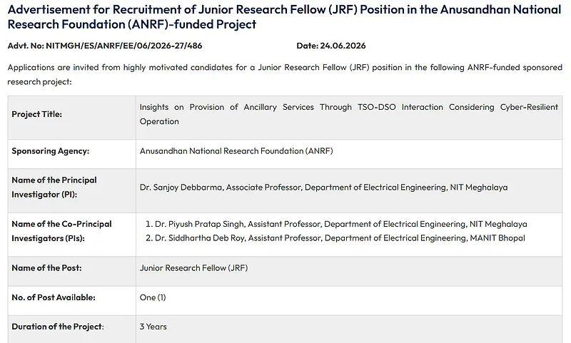 NIT Meghalaya Invites Applications for Junior Research Fellow (JRF) under ANRF-Funded Project