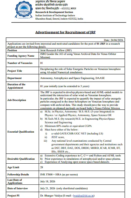 IIT Indore Recruitment 2026 | Junior Research Fellow (JRF) in Astronomy & Space Engineering