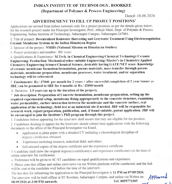 IIT Roorkee JRF Recruitment 2026 – NMHS Funded Project