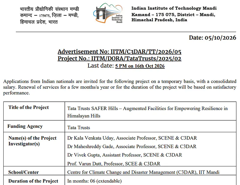 Project Recruitment 2026 – Tata Trusts SAFER Hills Project at IIT Mandi
