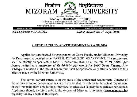 Guest Faculty Recruitment 2026 at Mizoram University – Department of Electrical Engineering