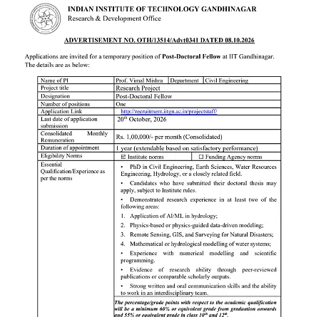 IIT Gandhinagar Post-Doctoral Fellow Recruitment 2026 – Civil Engineering 