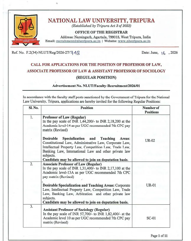 National Law University, Tripura Faculty Recruitment 2026