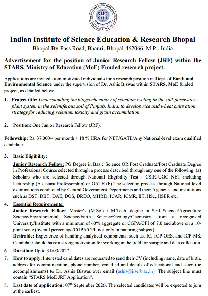Junior Research Fellow Recruitment 2026 at IISER Bhopal – STARS, Ministry of Education Funded Research Project