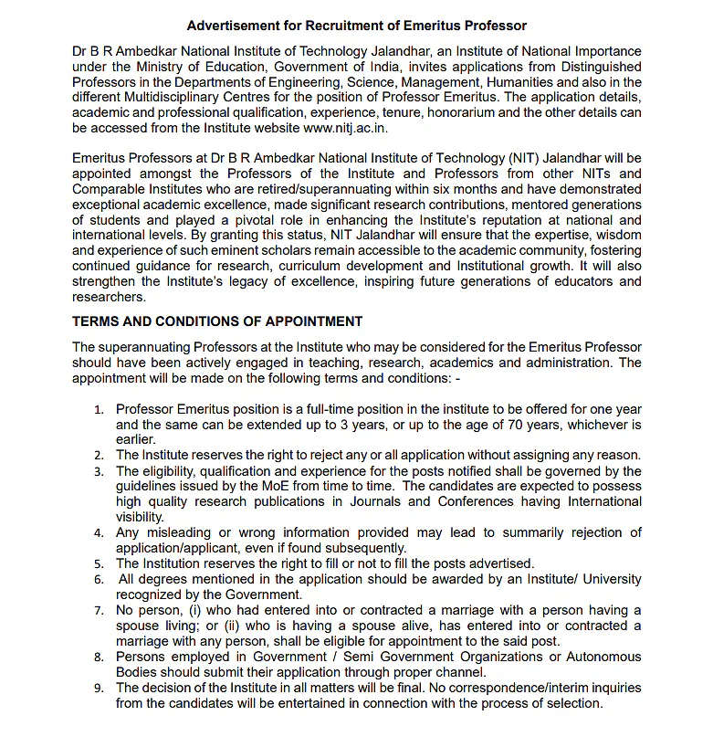 NIT Jalandhar Emeritus Professor Recruitment 2026