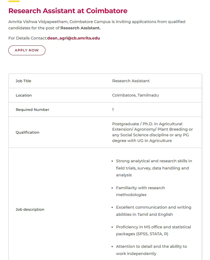 Amrita Vishwa Vidyapeetham Recruitment 2026: Research Assistant Position at Coimbatore Campus