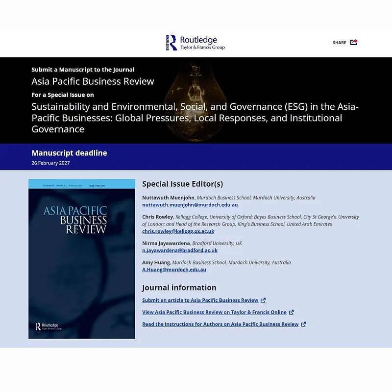 𝗦𝘂𝘀𝘁𝗮𝗶𝗻𝗮𝗯𝗶𝗹𝗶𝘁𝘆 𝗮𝗻𝗱 𝗘𝗻𝘃𝗶𝗿𝗼𝗻𝗺𝗲𝗻𝘁𝗮𝗹, 𝗦𝗼𝗰𝗶𝗮𝗹, 𝗮𝗻𝗱 𝗚𝗼𝘃𝗲𝗿𝗻𝗮𝗻𝗰𝗲 (𝗘𝗦𝗚) 𝗶𝗻 𝘁𝗵𝗲 𝗔𝘀𝗶𝗮-𝗣𝗮𝗰𝗶𝗳𝗶𝗰 𝗕𝘂𝘀𝗶𝗻𝗲𝘀𝘀𝗲𝘀: 𝗚𝗹𝗼𝗯𝗮𝗹 𝗣𝗿𝗲𝘀𝘀𝘂𝗿𝗲𝘀, 𝗟𝗼𝗰𝗮𝗹 𝗥𝗲𝘀𝗽𝗼𝗻𝘀𝗲𝘀, 𝗮𝗻𝗱 𝗜𝗻𝘀𝘁𝗶𝘁𝘂𝘁𝗶𝗼𝗻𝗮𝗹 𝗚𝗼𝘃𝗲𝗿𝗻𝗮𝗻𝗰𝗲
