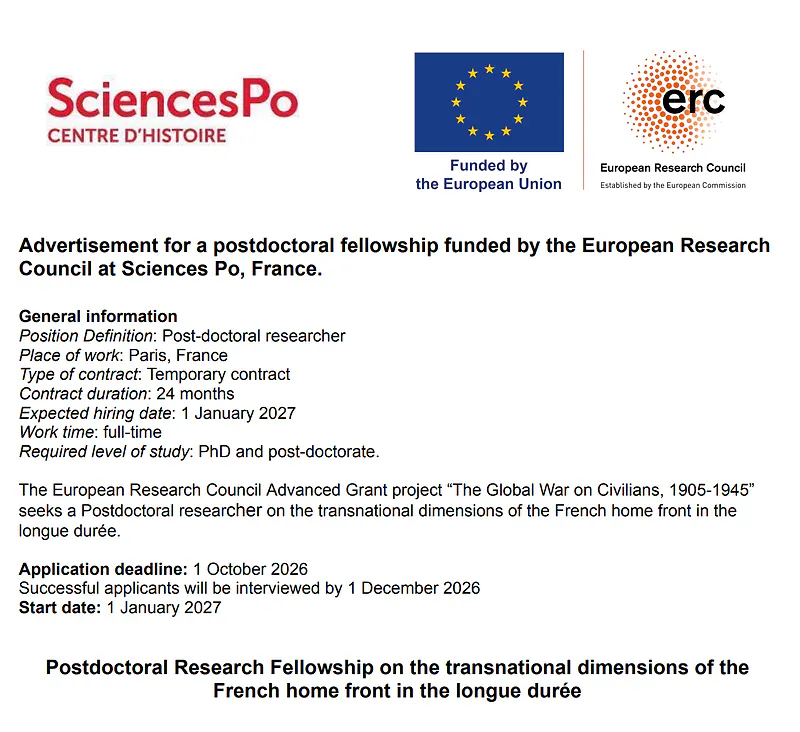 Postdoctoral Researcher – Transnational Dimensions of the French Home Front in the Longue Durée – Sciences Po