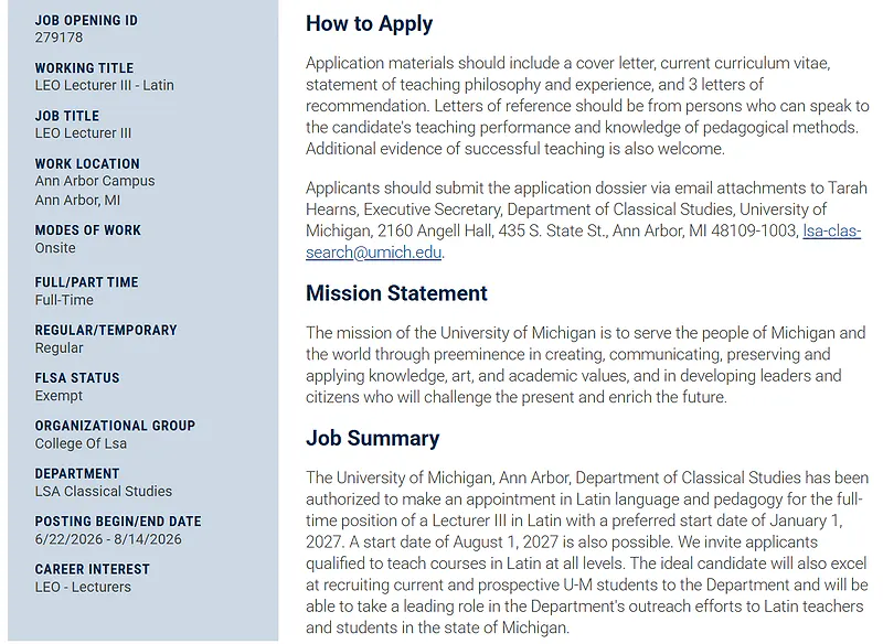 University of Michigan Recruitment 2026: LEO Lecturer III – Latin