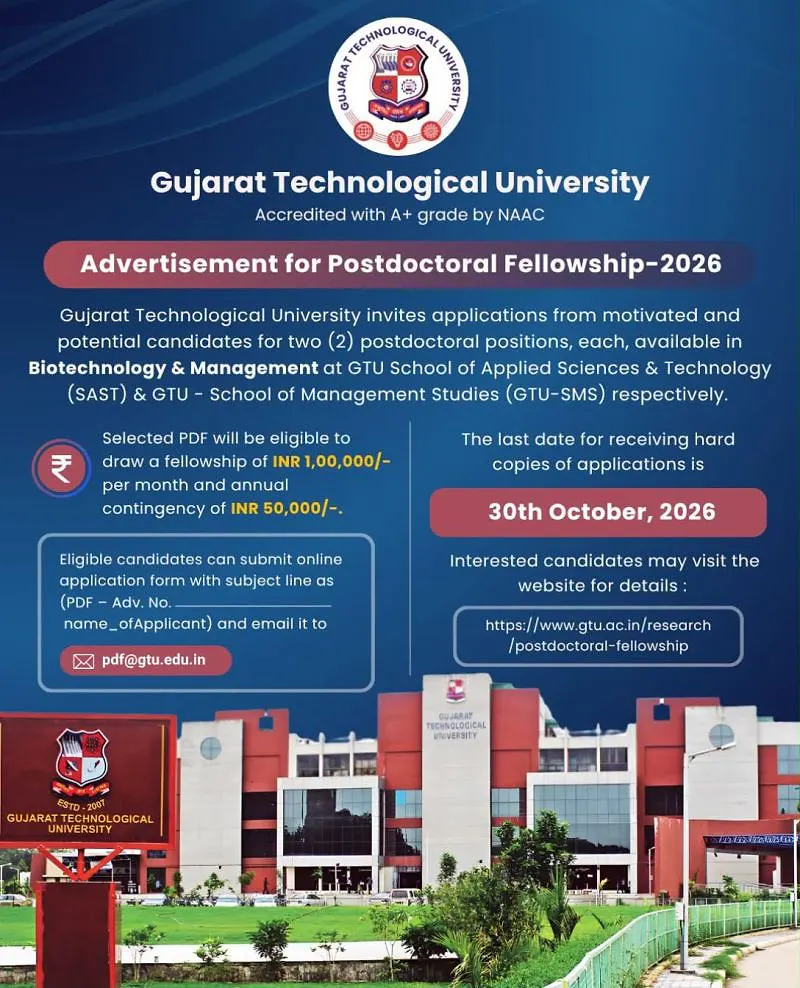 Gujarat Technological University Postdoctoral Fellowship Recruitment 2026 – Biotechnology & Management