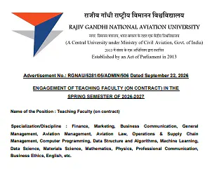 Teaching Faculty Recruitment 2026 at Rajiv Gandhi National Aviation University – Multiple Disciplines on Contract