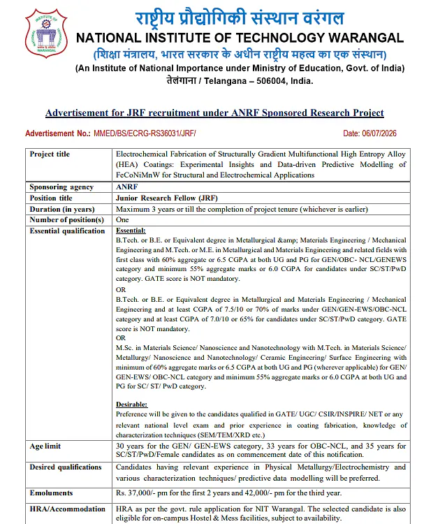 NIT Warangal Recruitment 2026: Apply for Junior Research Fellow (JRF) under ANRF-Sponsored Research Project