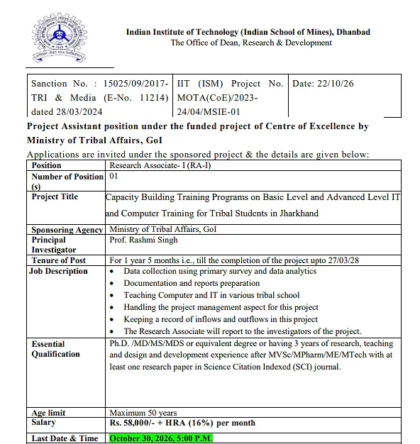 IIT (ISM) Dhanbad Research Associate Recruitment 2026 – Ministry of Tribal Affairs Funded Project