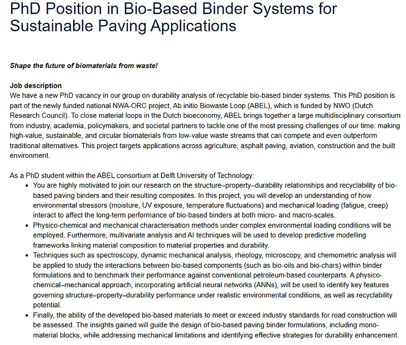 TU Delft PhD Position 2026 | Bio-Based Binder Systems for Sustainable Paving Applications