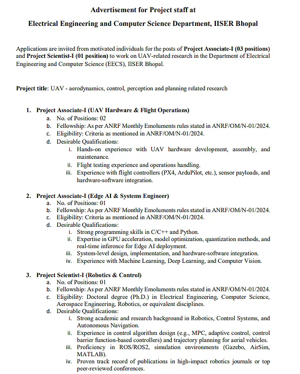 Project Associate-I & Project Scientist-I Recruitment 2026 at IISER Bhopal – UAV, Edge AI & Robotics Research Project