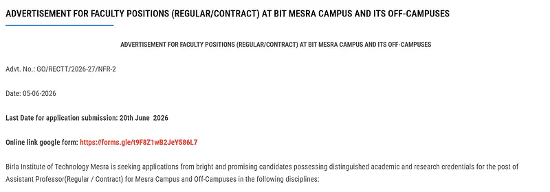 BIT Mesra Faculty Recruitment 2026: Multiple Assistant Professor Positions Across Campuses