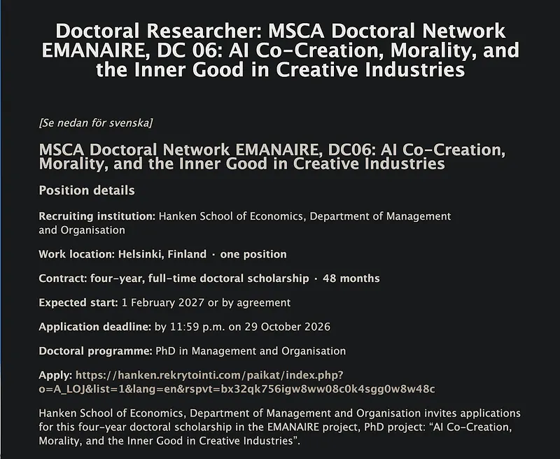 PhD Opportunity: Doctoral Researcher in AI Co-Creation, Morality & Creative Industries – Hanken School of Economics
