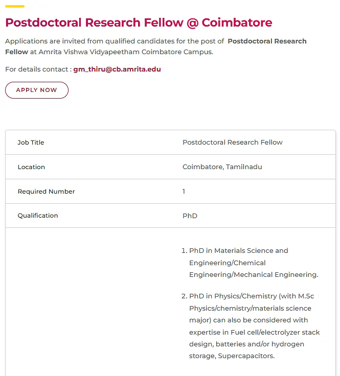 Postdoctoral Research Fellow Recruitment 2026 at Amrita Vishwa Vidyapeetham Coimbatore – Energy & Materials Research Opportunity