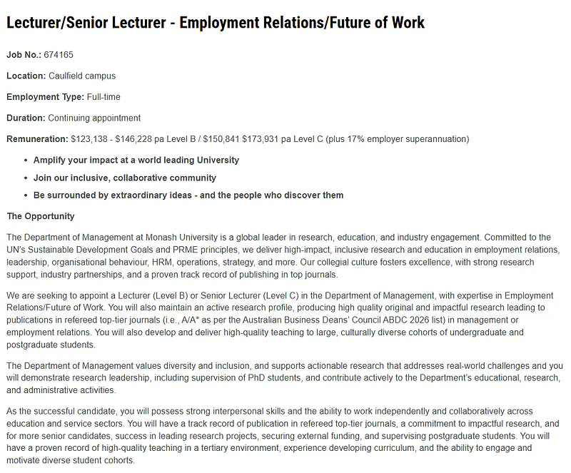 Monash University Recruitment 2026: Lecturer/Senior Lecturer – Employment Relations/Future of Work