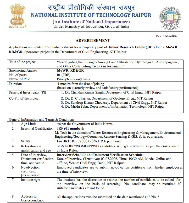 NIT Raipur Recruitment 2026 | Junior Research Fellow (JRF) under MoWR, RD&GR Sponsored Project