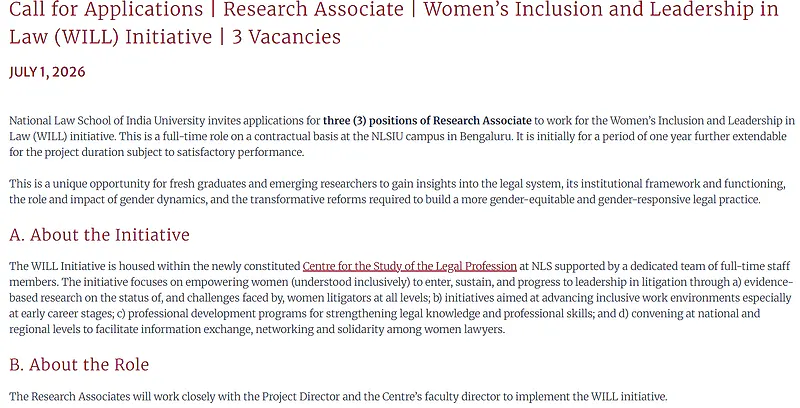 National Law School of India University Invites Applications for Research Associate Positions under WILL Initiative