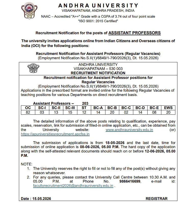 Andhra University Recruitment 2026: 232 Faculty Positions Available (Assistant & Associate Professors)