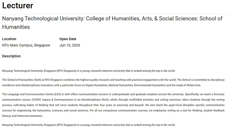 Lecturer | Nanyang Technological University (NTU), Singapore
