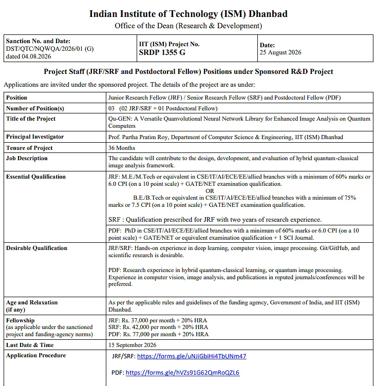 JRF, SRF & Postdoctoral Fellow Recruitment 2026 at IIT (ISM) Dhanbad – Sponsored R&D Project