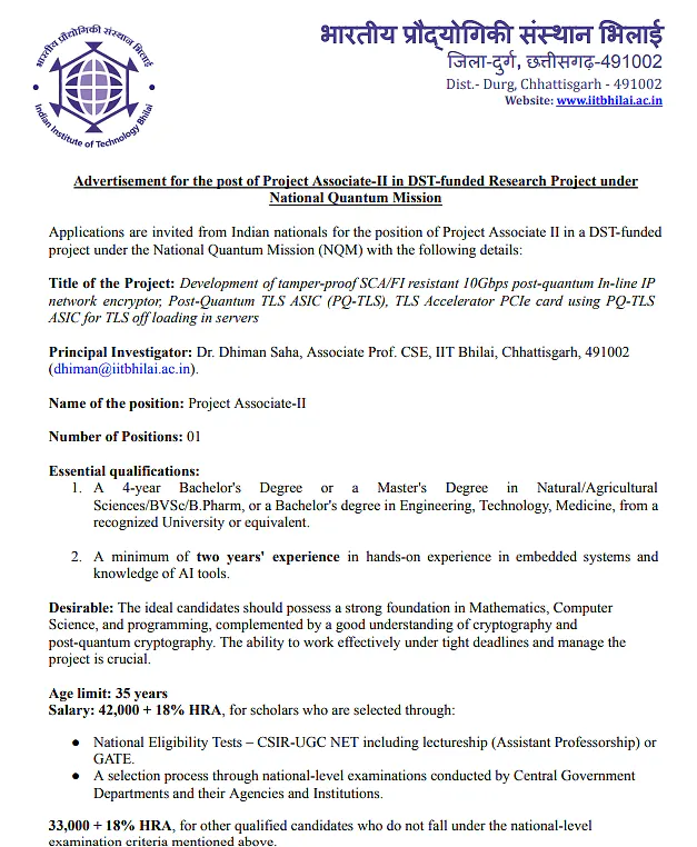 IIT Bhilai Recruitment 2026 | Project Associate-II under DST-Funded National Quantum Mission Project